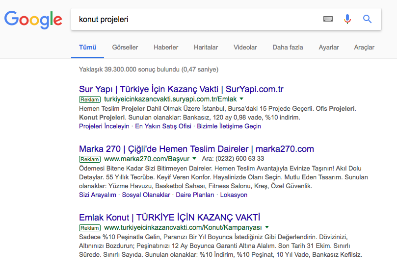Google Ads reklamları İzmir — arama ağı reklam örneği